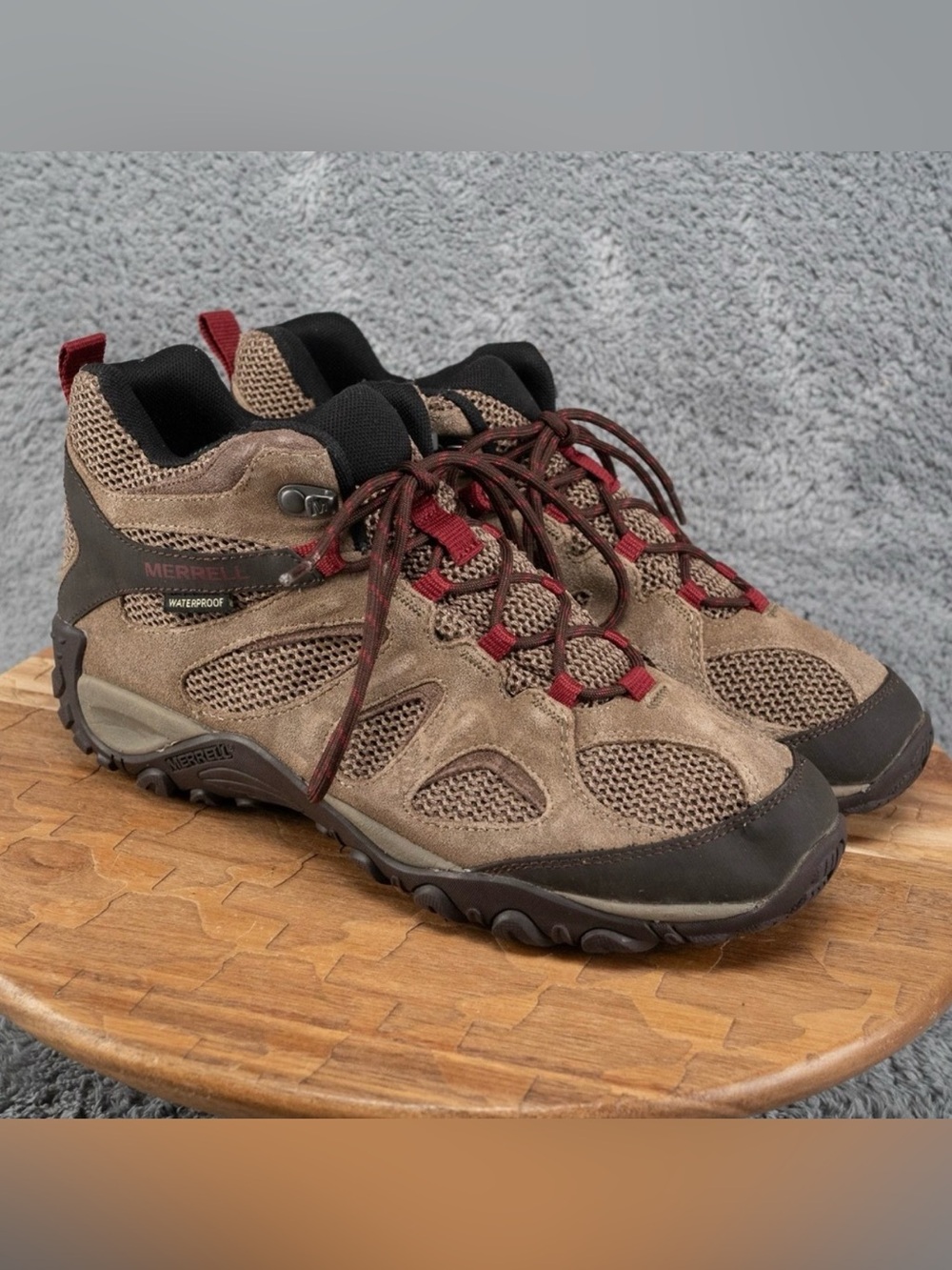Merrell, Sz 11, Yokota Mid Brown Suede and Mesh Hiking Boots w/ Red, Waterproof